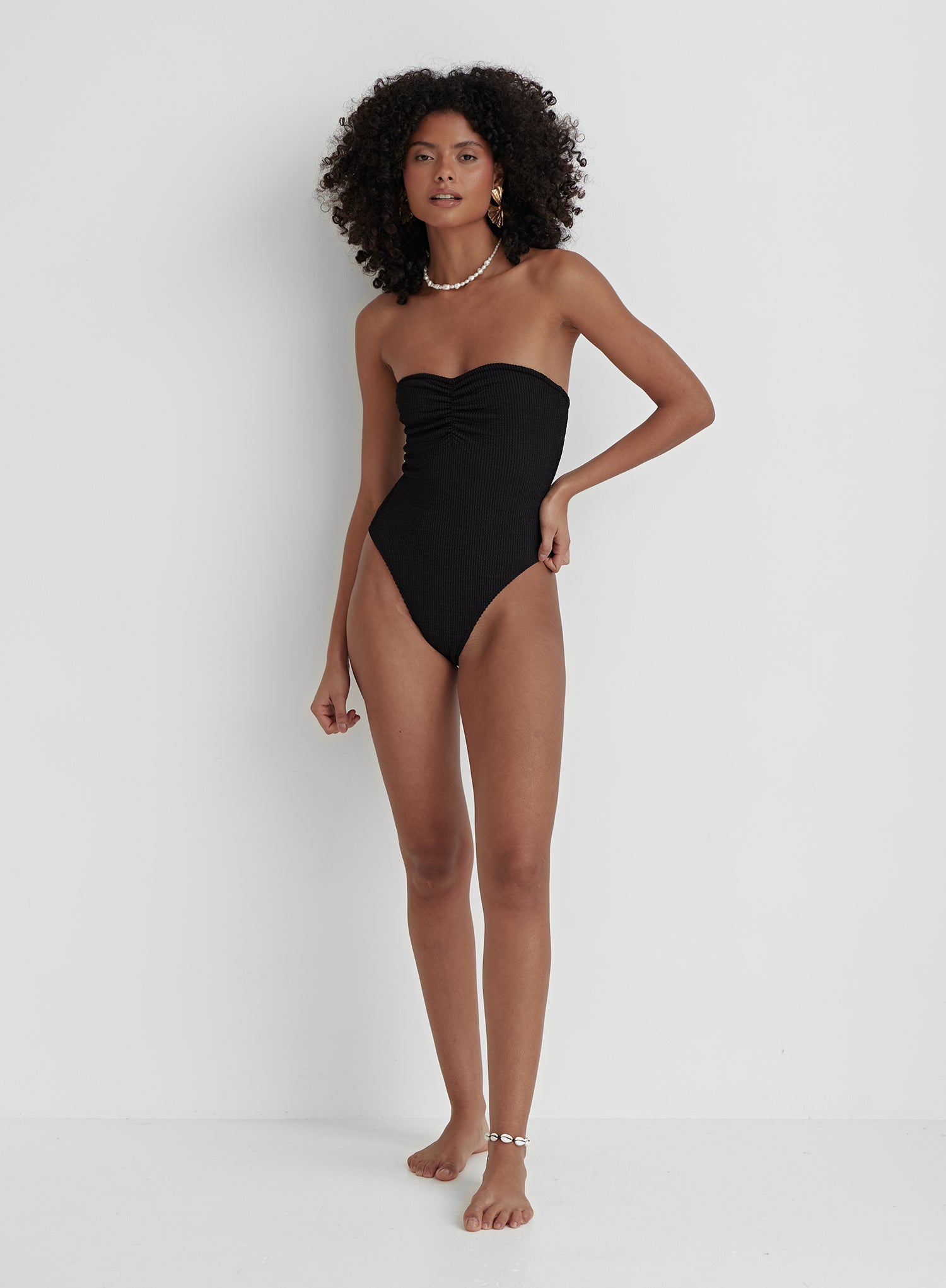 Black Crinkle Ruched Front Bandeau Swimsuit
